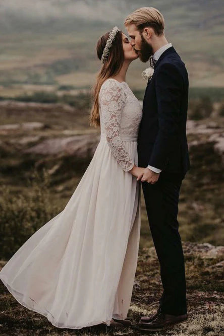 A-Line/Princess Bateau Appliques Floor-Length Chiffon Wedding Dress