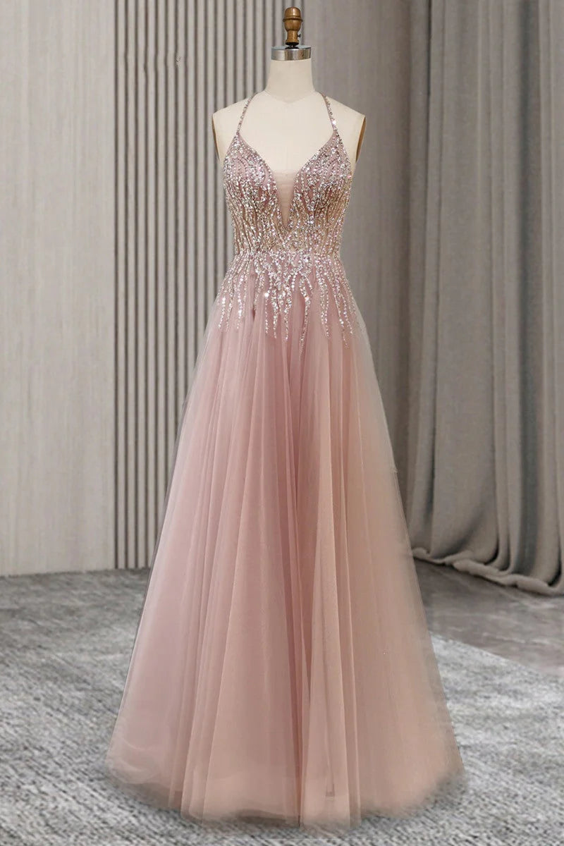 V-Neck Spaghetti Straps Beading Backless Tulle Prom Dresses With Split