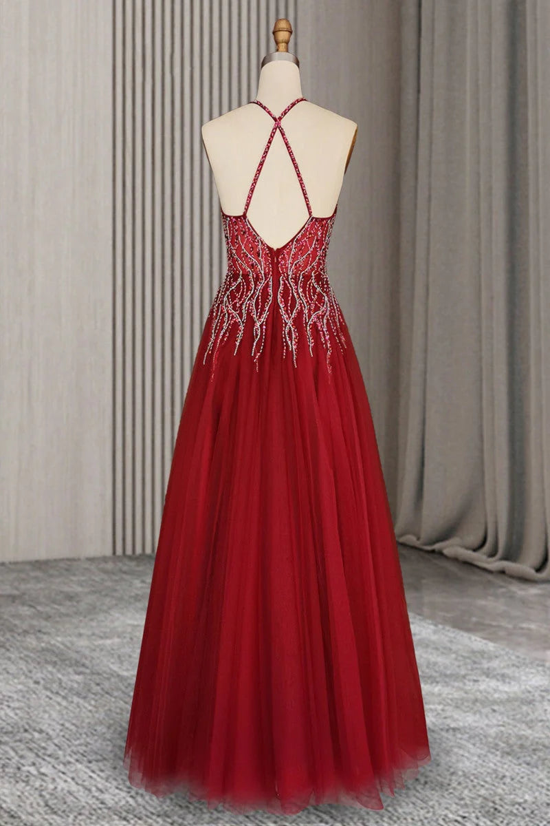 V-Neck Spaghetti Straps Beading Backless Tulle Prom Dresses With Split