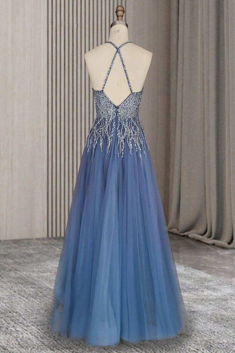 V-Neck Spaghetti Straps Beading Backless Tulle Prom Dresses With Split