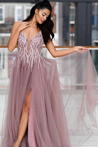 V-Neck Spaghetti Straps Beading Backless Tulle Prom Dresses With Split