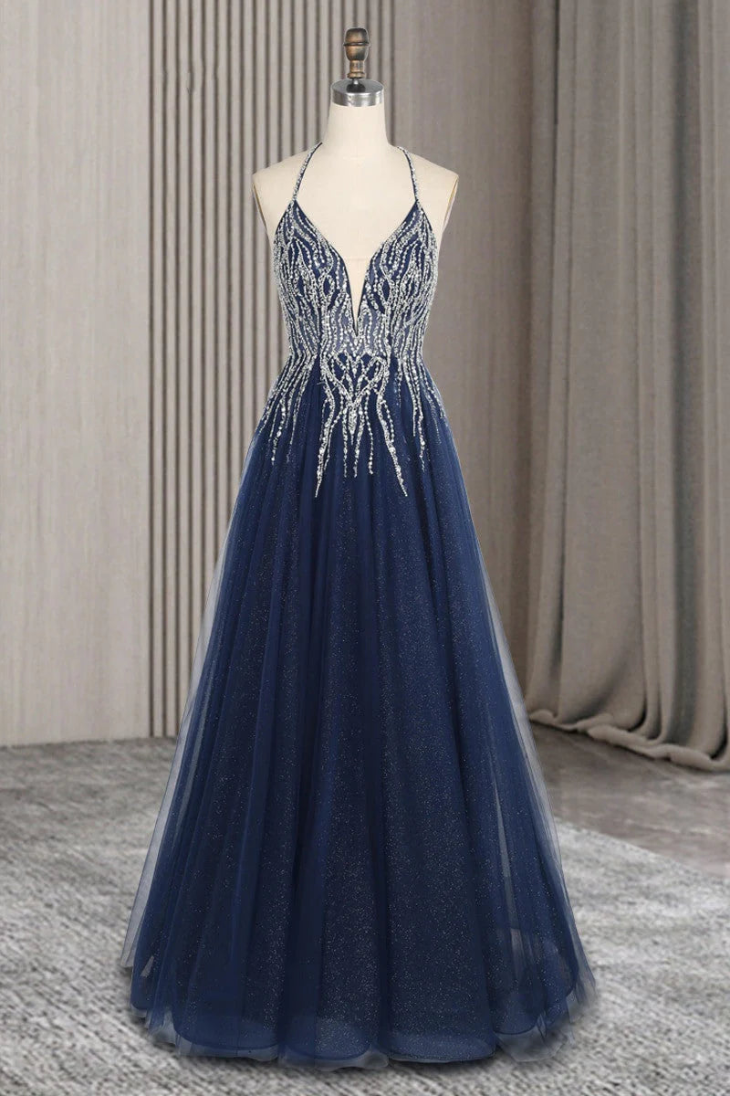 V-Neck Spaghetti Straps Beading Backless Tulle Prom Dresses With Split