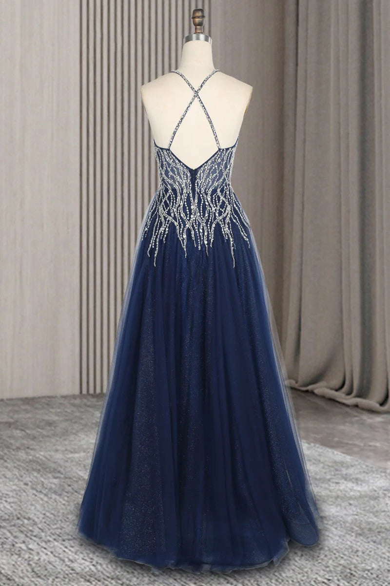 V-Neck Spaghetti Straps Beading Backless Tulle Prom Dresses With Split