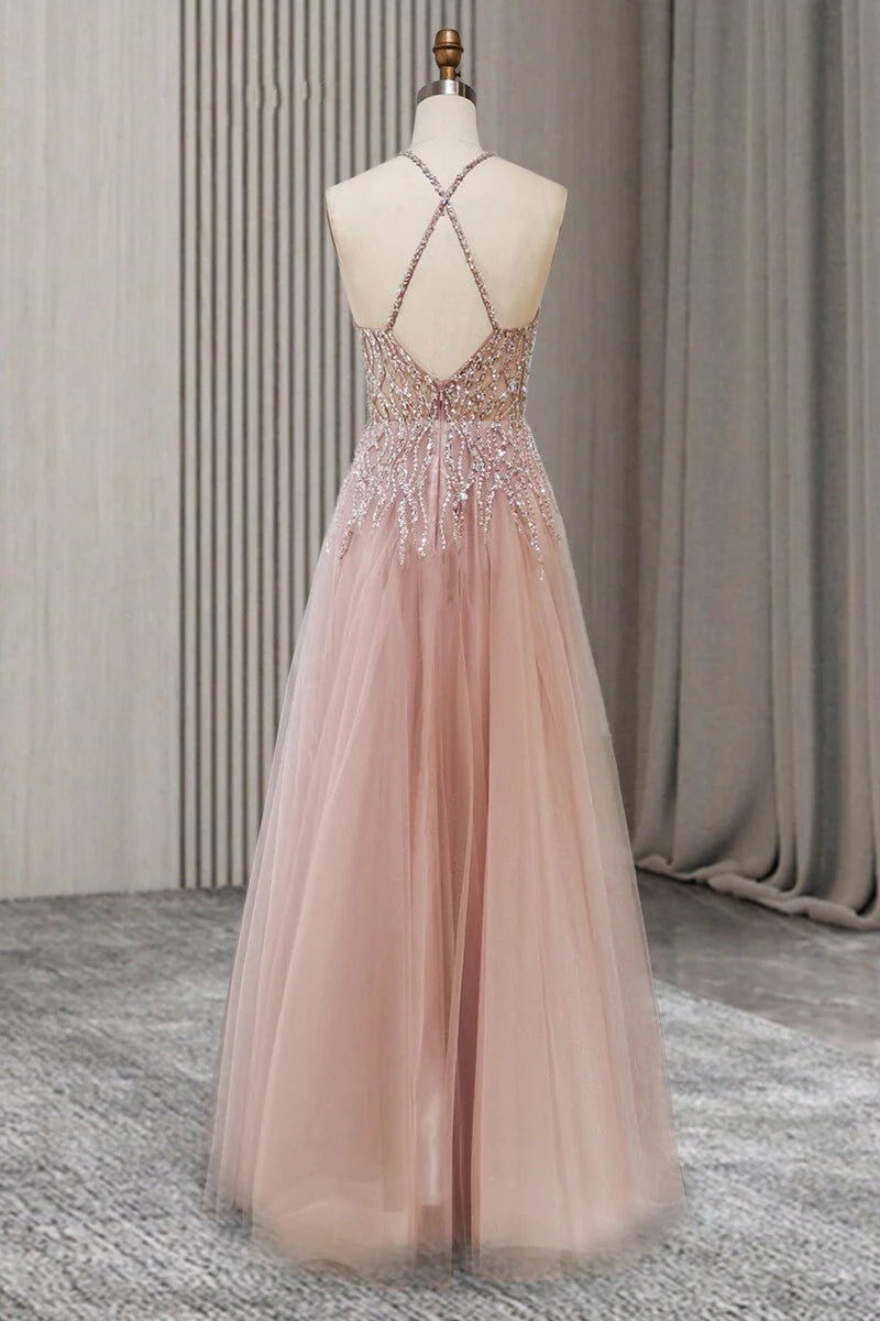 V-Neck Spaghetti Straps Beading Backless Tulle Prom Dresses With Split