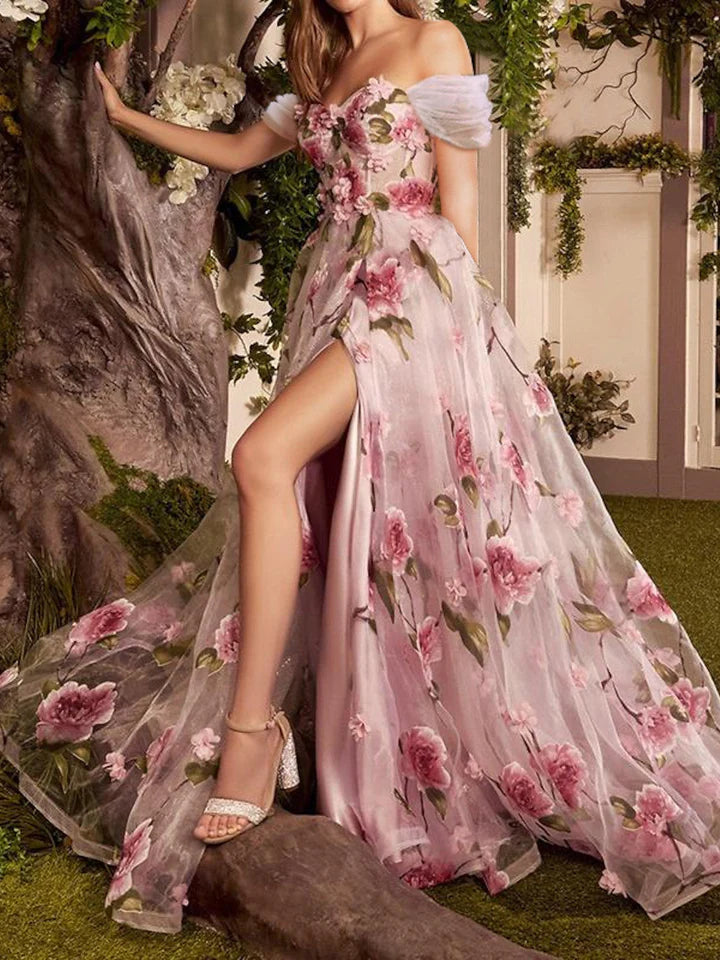 A-Line/Princess Off-The-Shoulder Long Prom Floral Dresses With Split Side