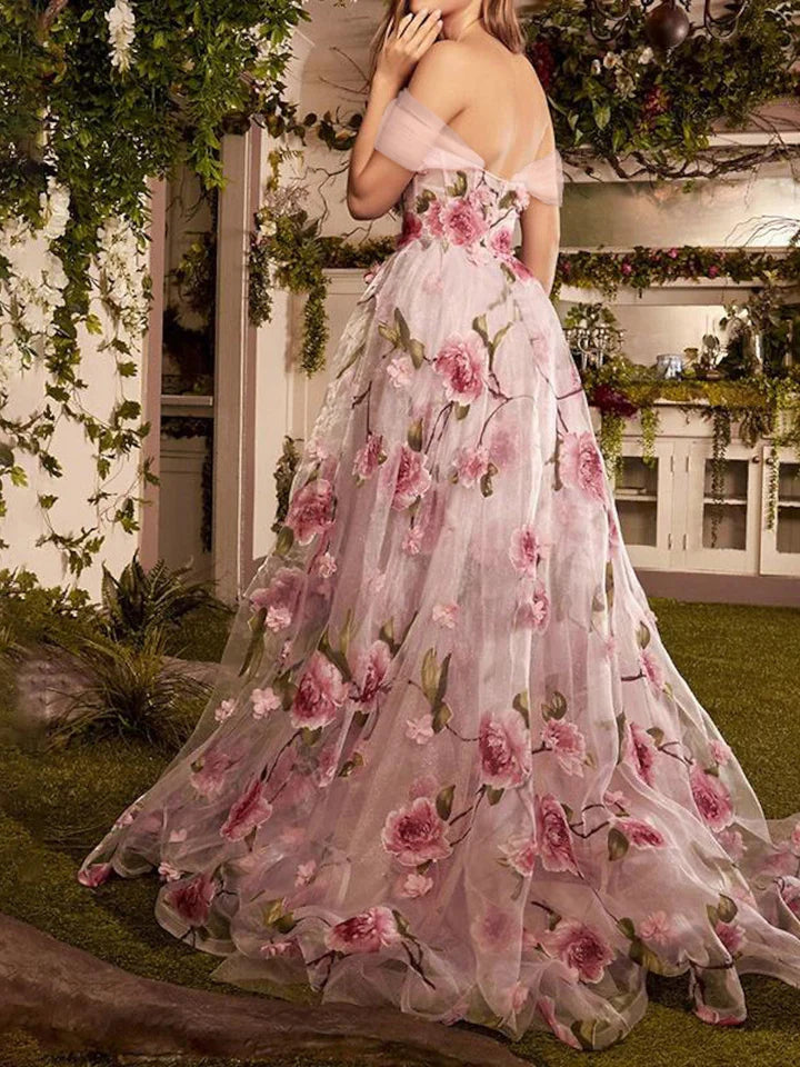 A-Line/Princess Off-The-Shoulder Long Prom Floral Dresses With Split Side