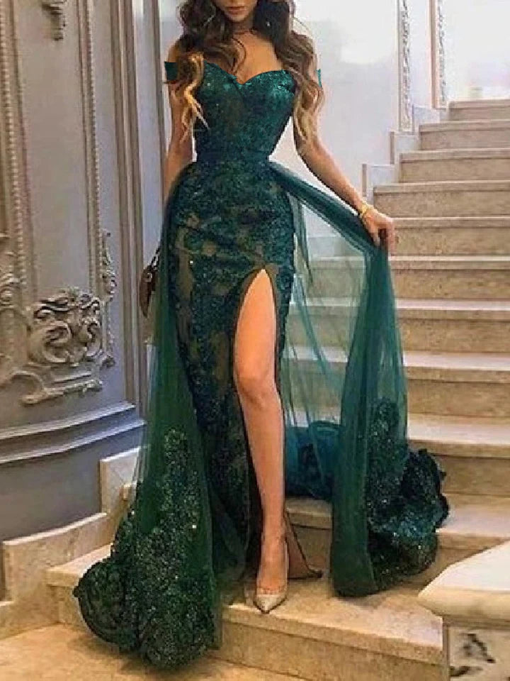 Sheath/Column Off-The-Shoulder Floor-Length Long Prom Dresses With Applique & Split Side