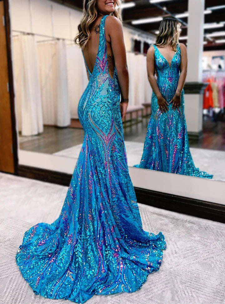 Trumpet/Mermaid V-Neck Sleeveless Floor-Length Long Prom Floral Dresses With Sequins