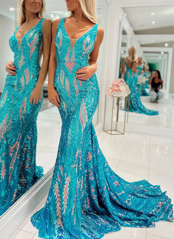 Trumpet/Mermaid V-Neck Sleeveless Floor-Length Long Prom Floral Dresses With Sequins