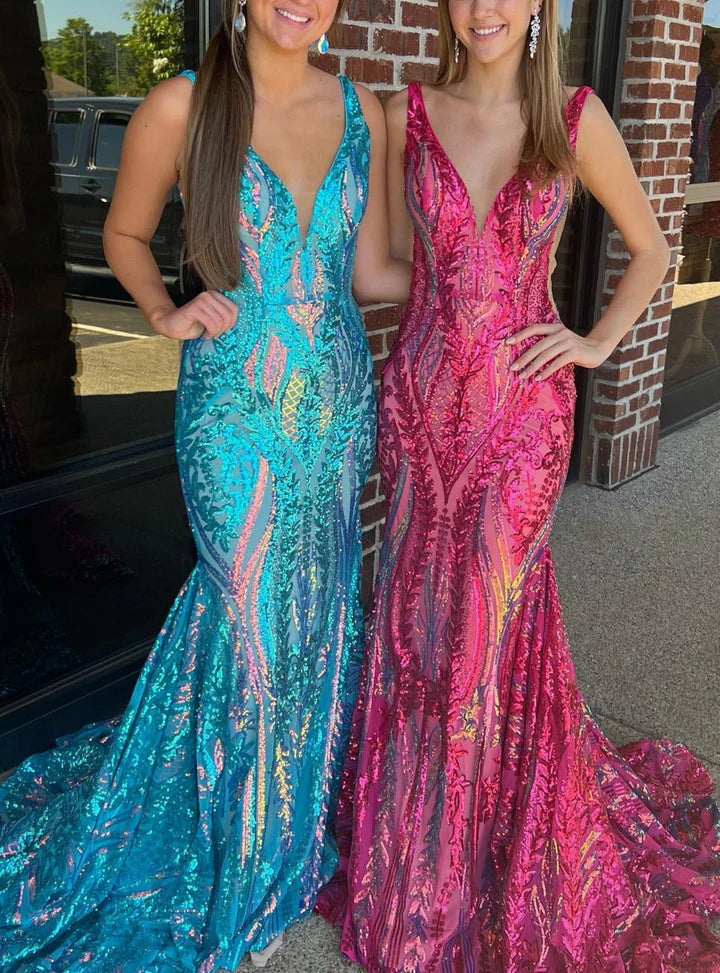 Sparkly Trumpet/Mermaid V-Neck Sleeveless Floor-Length Long Prom Dresses With Sequins