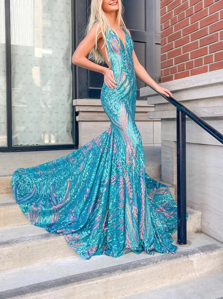 Trumpet/Mermaid V-Neck Sleeveless Floor-Length Long Prom Floral Dresses With Sequins