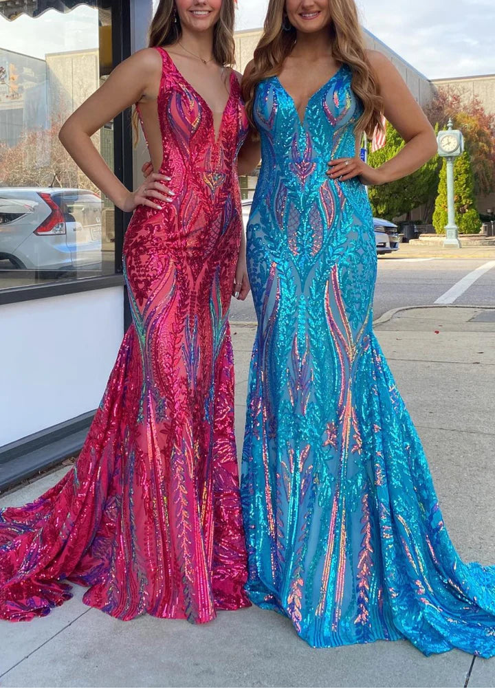 Trumpet/Mermaid V-Neck Sleeveless Floor-Length Long Prom Floral Dresses With Sequins