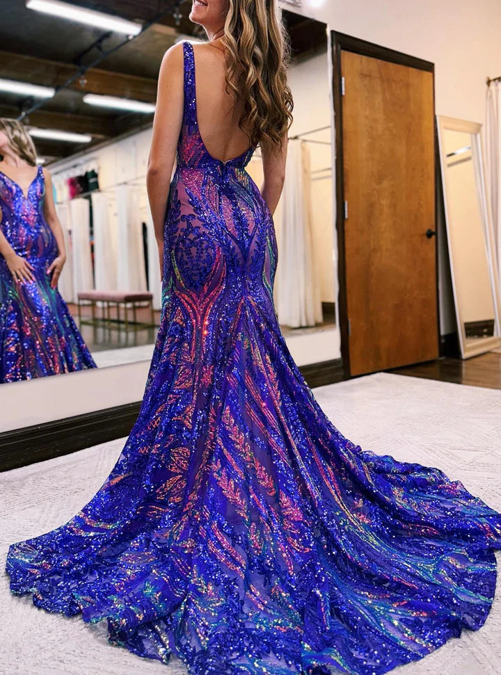 Trumpet/Mermaid V-Neck Sleeveless Floor-Length Long Prom Floral Dresses With Sequins