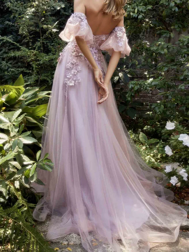 A-Line/Princess Sweetheart Short Sleeves Floor-Length Long Prom Dresses With Flowers