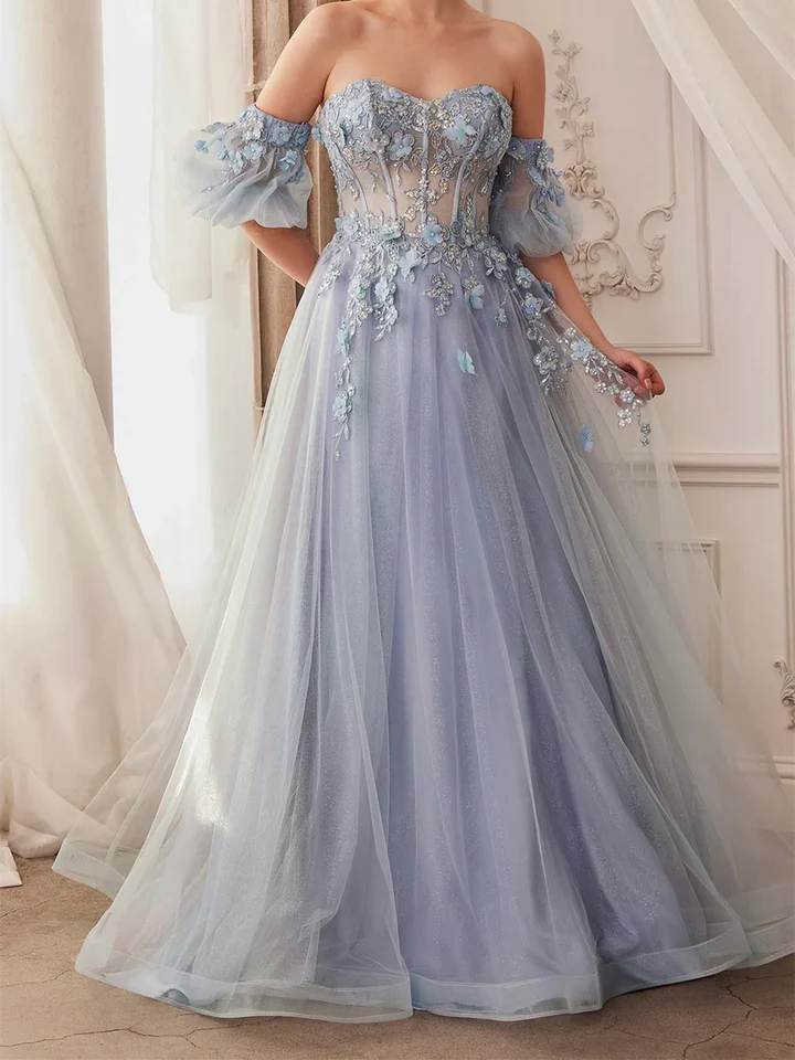 A-Line/Princess Sweetheart Short Sleeves Floor-Length Long Prom Dresses With Flowers