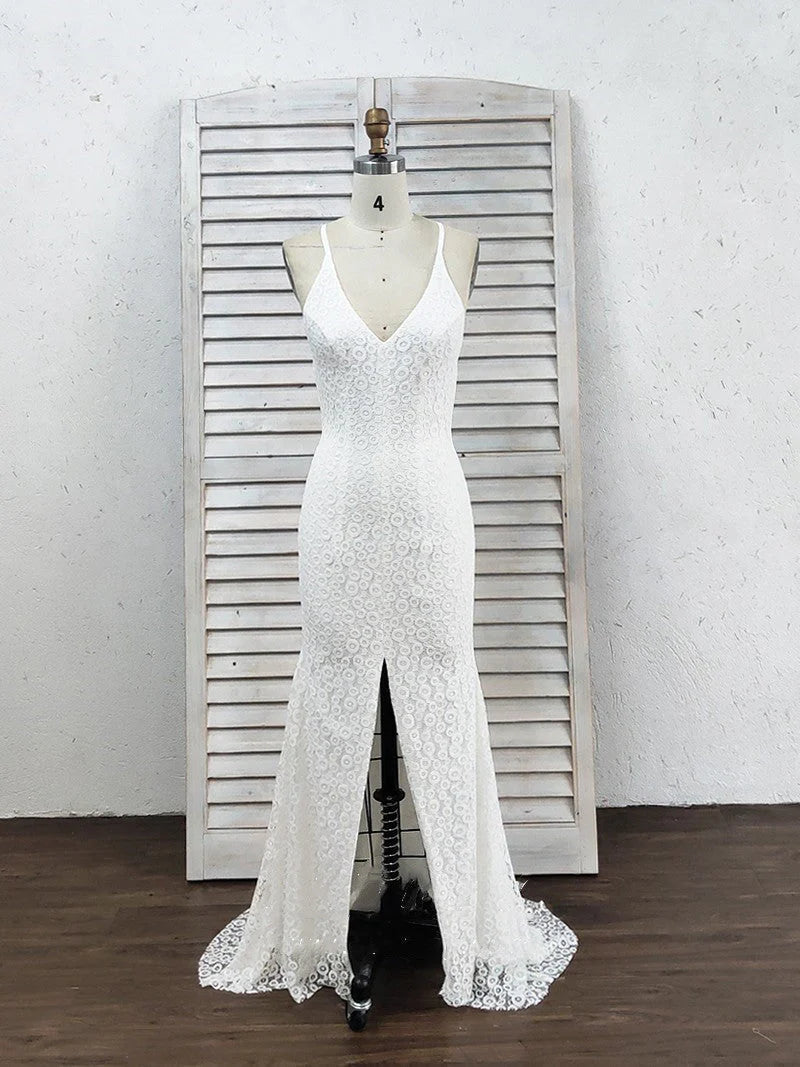 Mermaid Deep V-Neck Criss-Cross Straps Split Sweep Train White Lace Prom Dresses