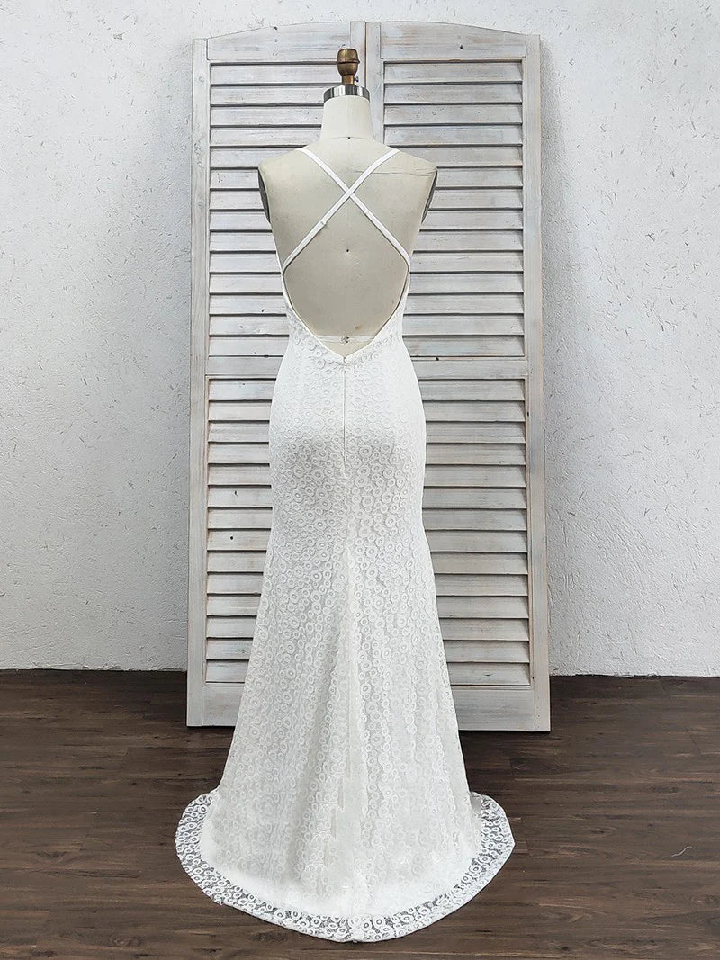 Mermaid Deep V-Neck Criss-Cross Straps Split Sweep Train White Lace Prom Dresses