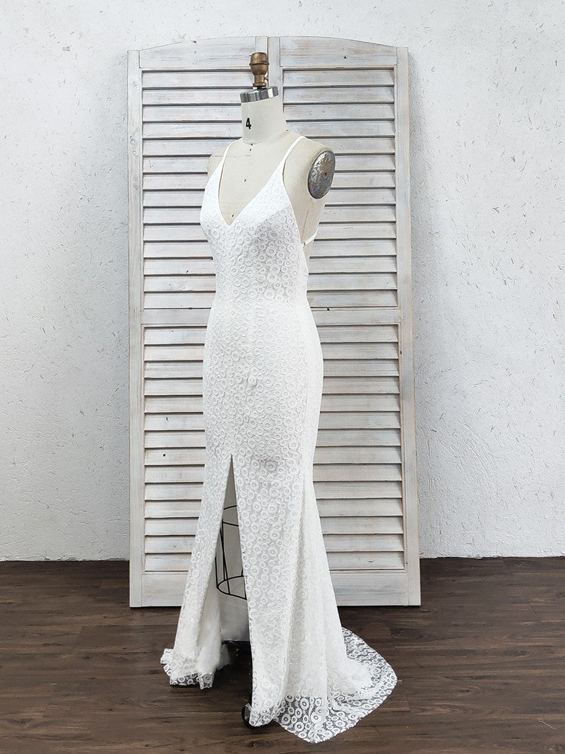 Mermaid Deep V-Neck Criss-Cross Straps Split Sweep Train White Lace Prom Dresses