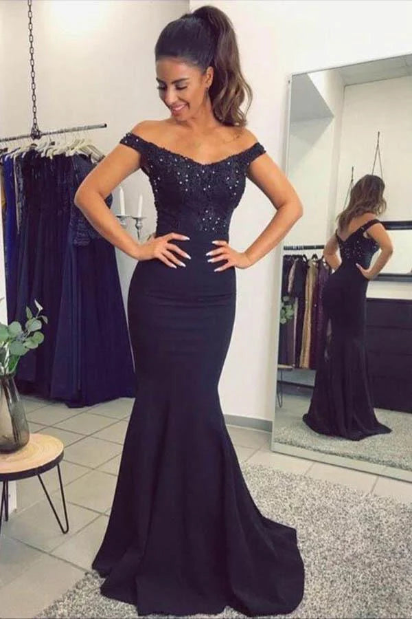Mermaid Off the Shoulder Navy Blue Sweetheart Prom Dresses with Sequins
