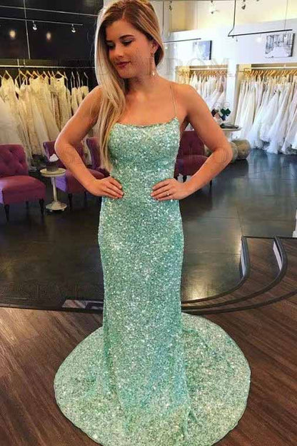 Mermaid Prom Dresses Spaghetti Straps Sequin Backless Sweep Train