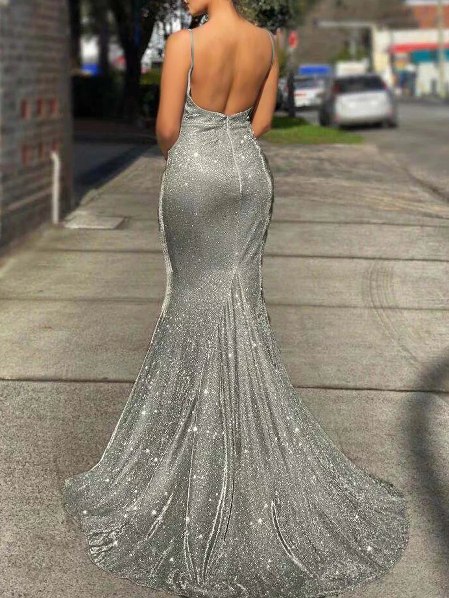 Mermaid Spaghetti Straps Open Back Prom Dresses Polyester Floor Length Evening Dresses