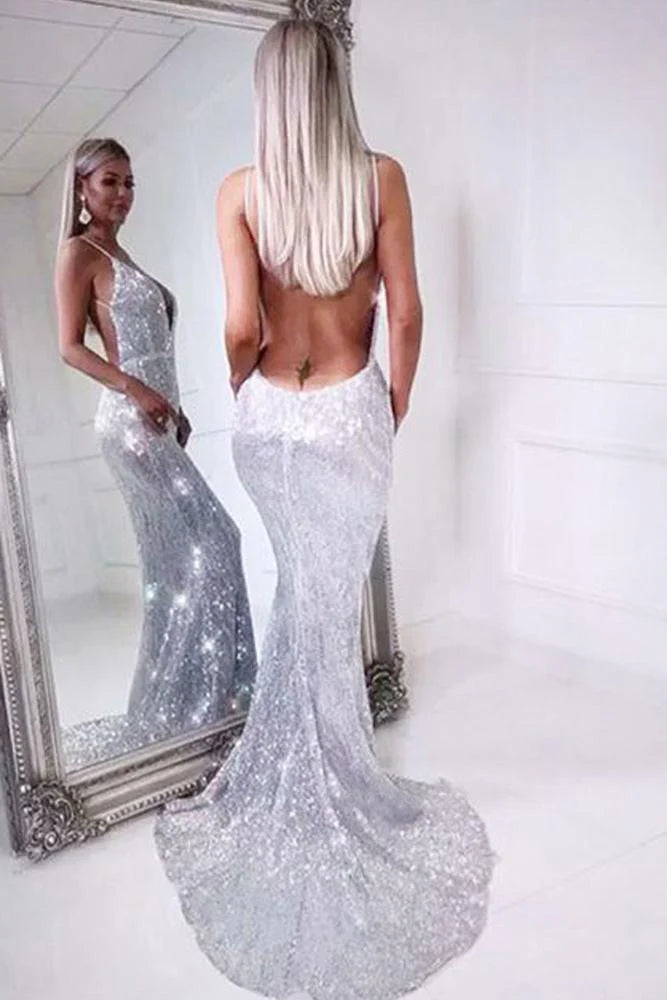 Mermaid Spaghetti Straps Silver Sequins V Neck Backless Prom Dresses Long Evening Dress