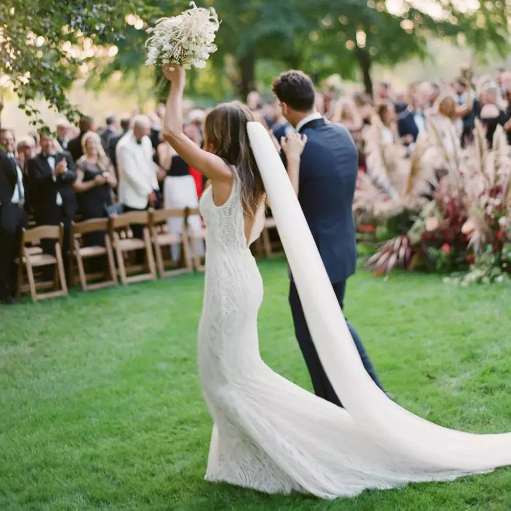 Mermaid V-Neck Backless Lace White Wedding Dresses With Court Train