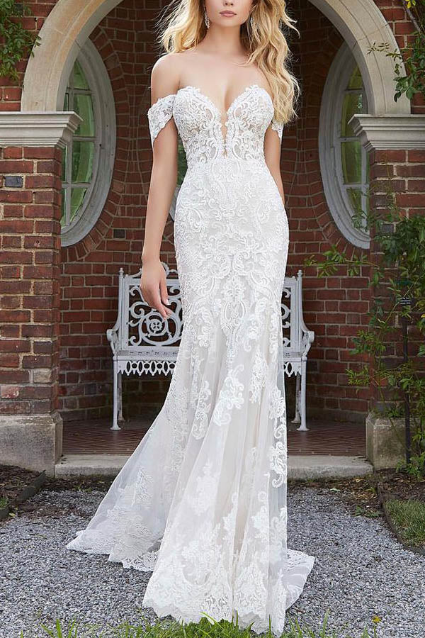 Mermaid Wedding Dresses Off The Shoulder Lace Sweep Train Zipper Up