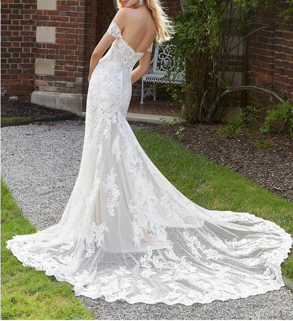 Mermaid Wedding Dresses Off The Shoulder Lace Sweep Train Zipper Up