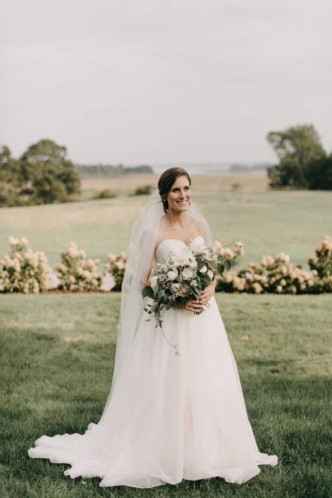 A Line Strapless Sweetheart Tulle Lace Up Beach Wedding Dresses