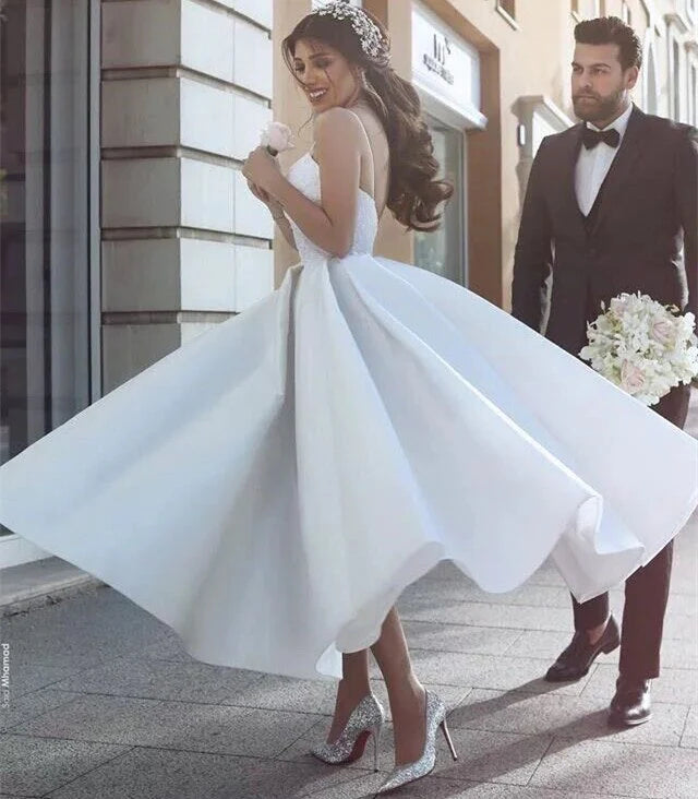 White Satin Spaghetti Straps Tea Length Wedding Dress