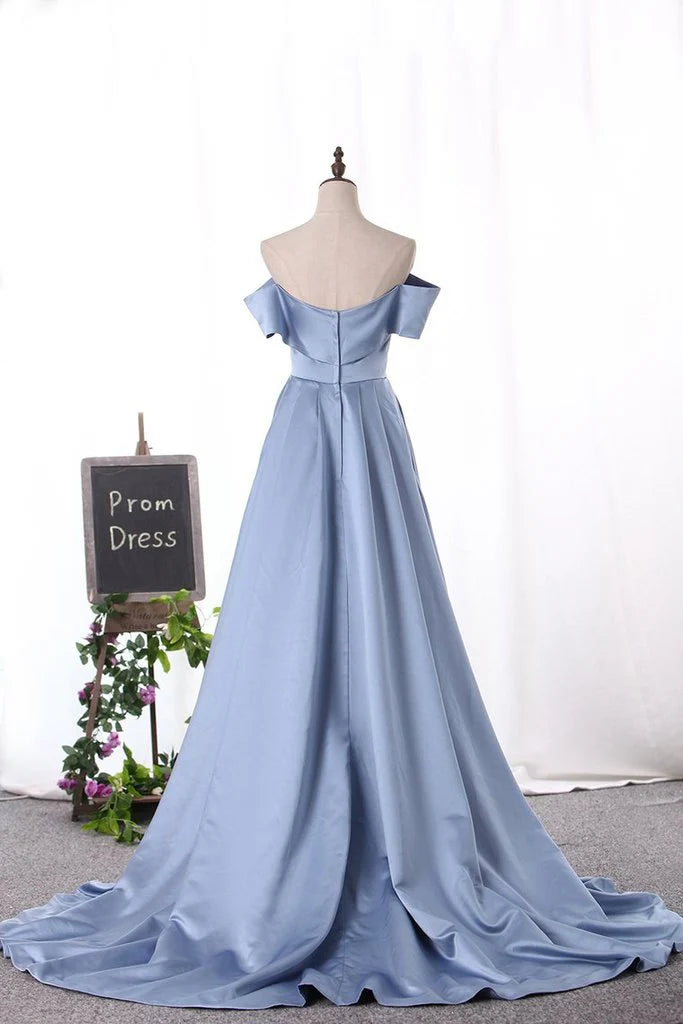 Off The Shoulder Blue Satin Long Prom Dresses Split Evening Dresses