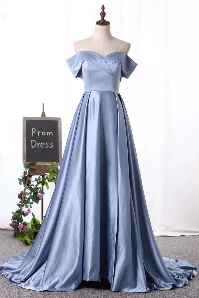 Off The Shoulder Blue Satin Long Prom Dresses Split Evening Dresses