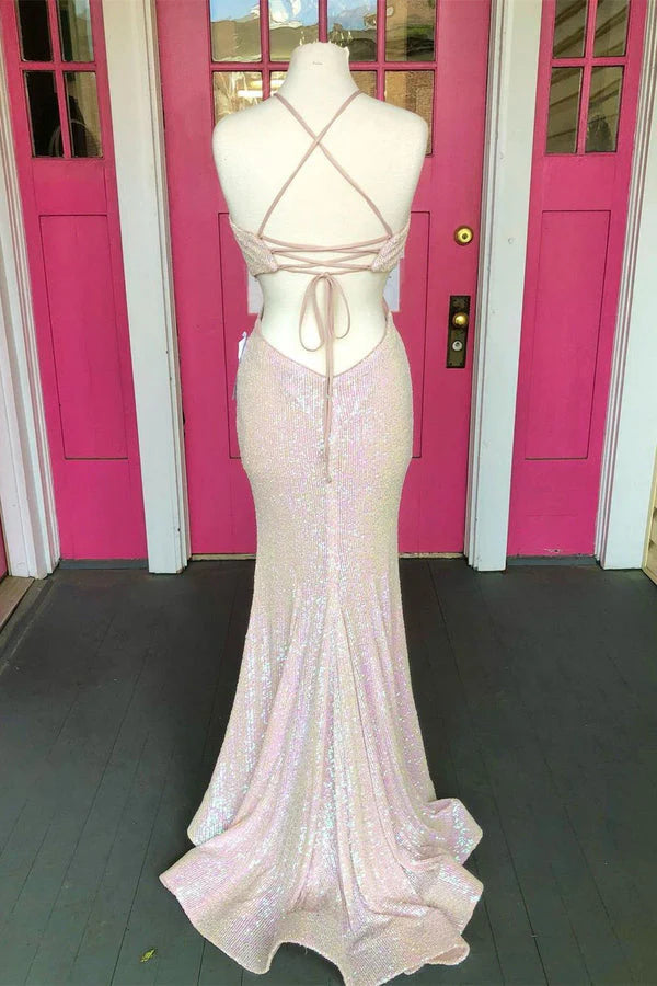 Arrival Halter Open Back Sequins Mermaid Prom Evening Dresses