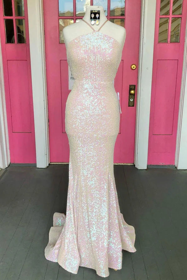 Arrival Halter Open Back Sequins Mermaid Prom Evening Dresses