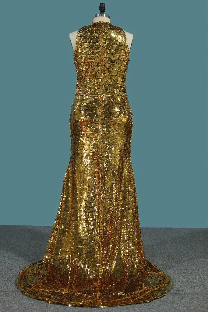 Arrival High Neck Sequins Mermaid/Trumpet Prom Dresses Sweep/Brush Train