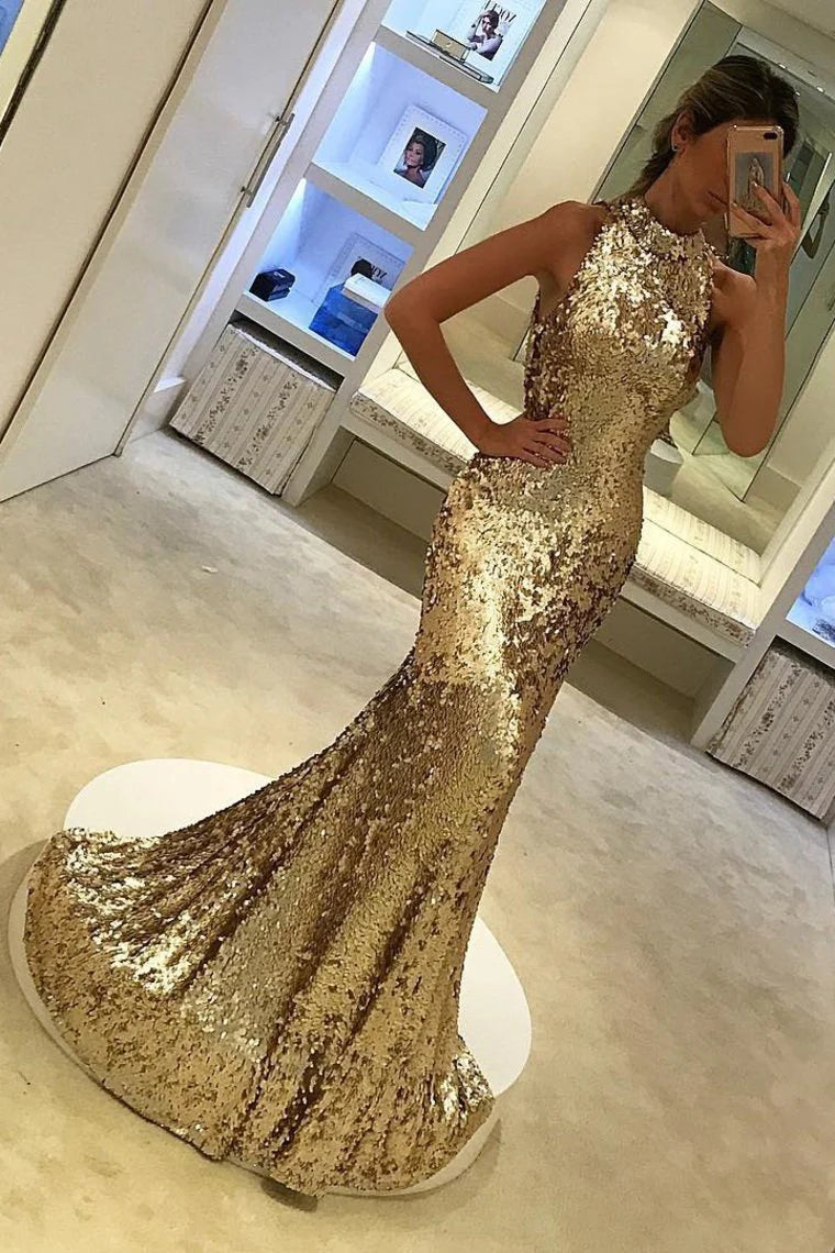 Arrival High Neck Sequins Mermaid/Trumpet Prom Dresses Sweep/Brush Train