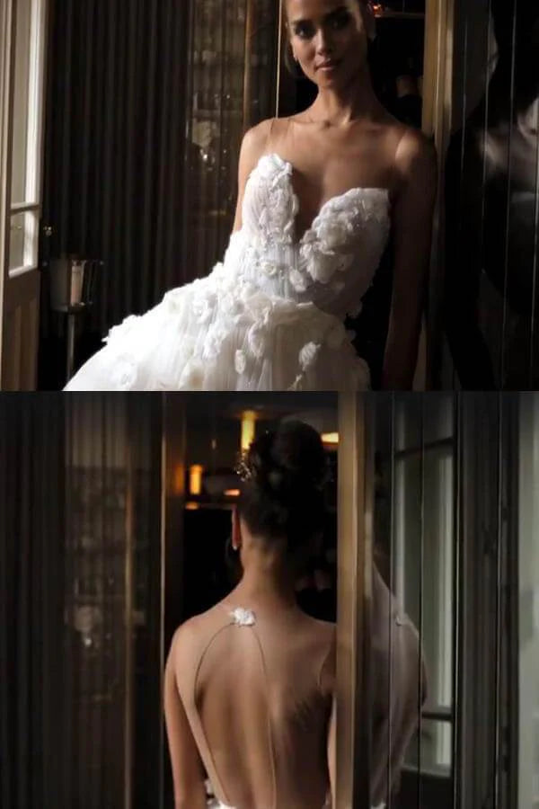 A Line Tulle Wedding Dresses With Beading Floral Bridal Gown