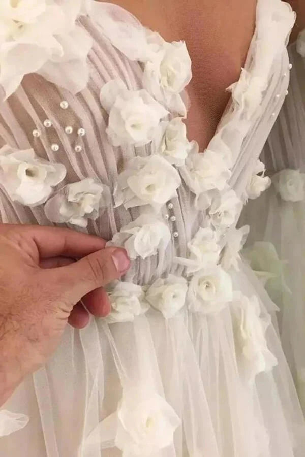 A Line Tulle Wedding Dresses With Beading Floral Bridal Gown