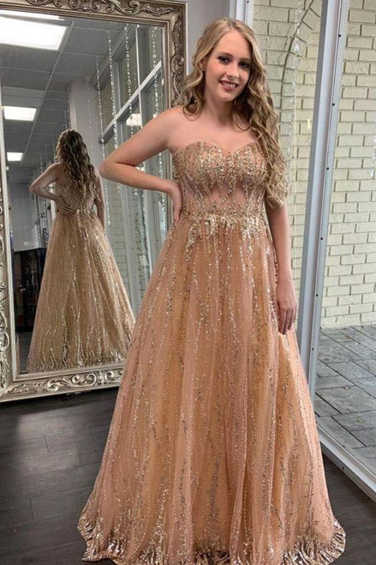 New Design Sequin Shiny Long Prom Dresses A-Line Sweetheart Prom Dresses