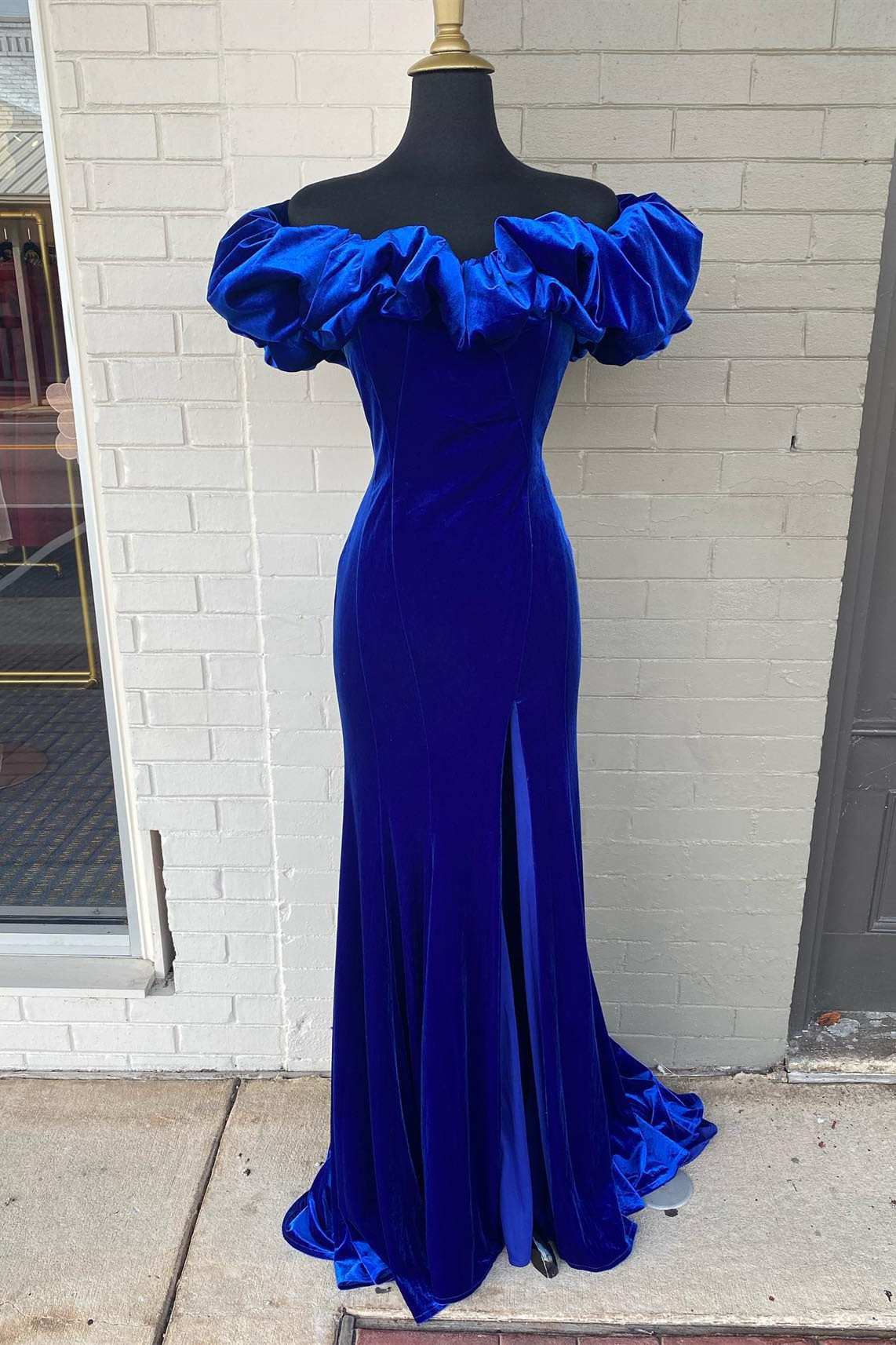 Off The Shoulder Long Royal Blue Sheath Velvet Ruffle Prom Dresses Women Dresses