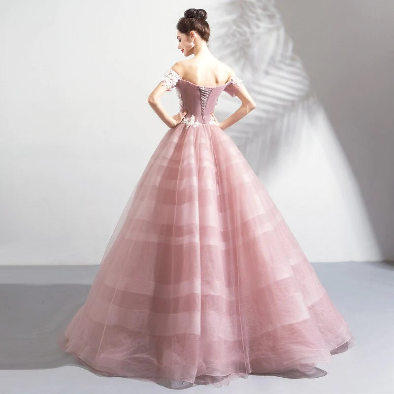 Off the Shoulder Short Sleeve Ball Gown Lace up Sweetheart Quinceanera Dresses With Appliques