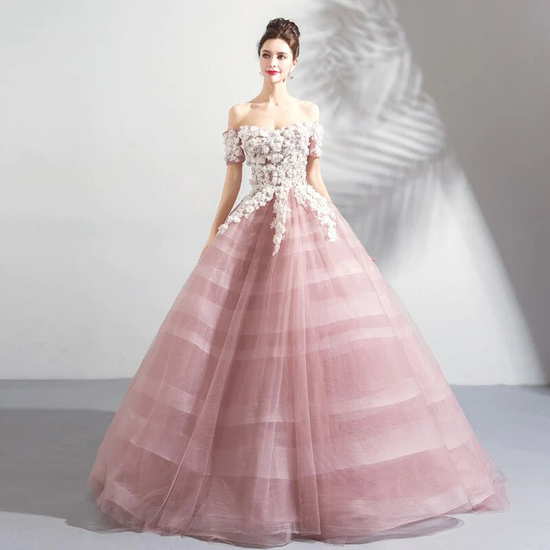 Off the Shoulder Short Sleeve Ball Gown Lace up Sweetheart Quinceanera Dresses With Appliques