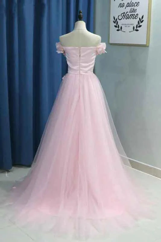 Off the Shoulder Sweetheart Tulle Prom Dresses Pleats Prom Gowns With Flowers