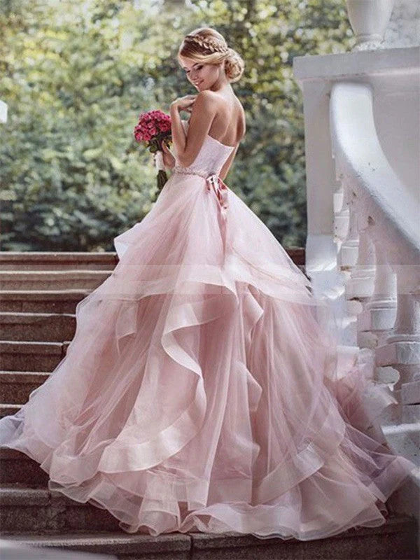 Pink Ball Gown Sweetheart Tulle Wedding Dresses Strapless Wedding Gowns