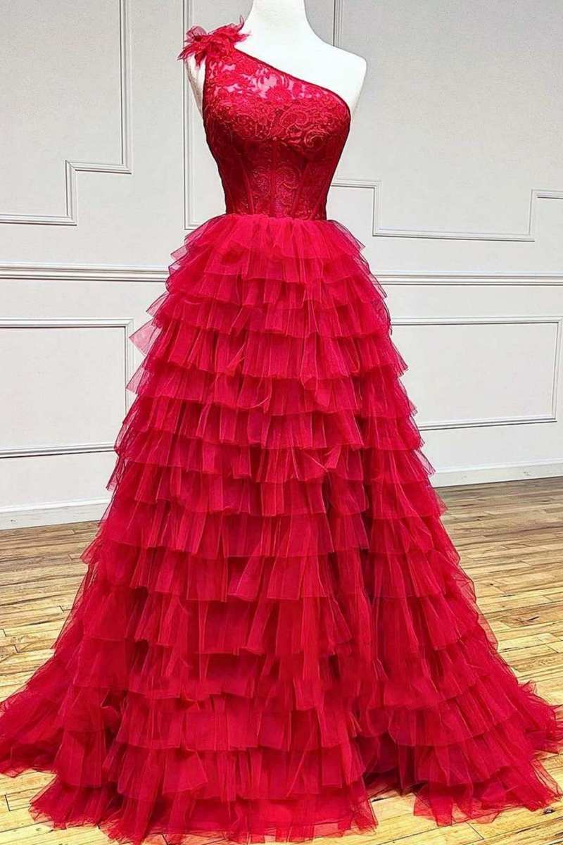 Plus Size Ball Gown Lace One Shoulder Multi-Tiered Prom Dress with Ruffles