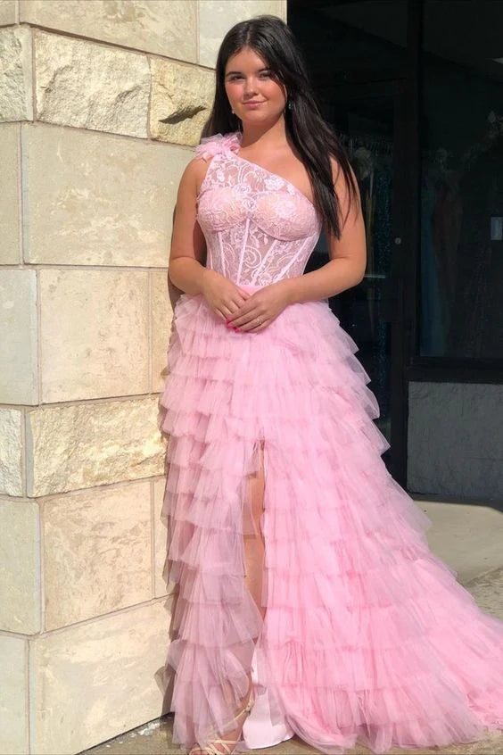 Plus Size Ball Gown Lace One Shoulder Multi-Tiered Prom Dress with Ruffles