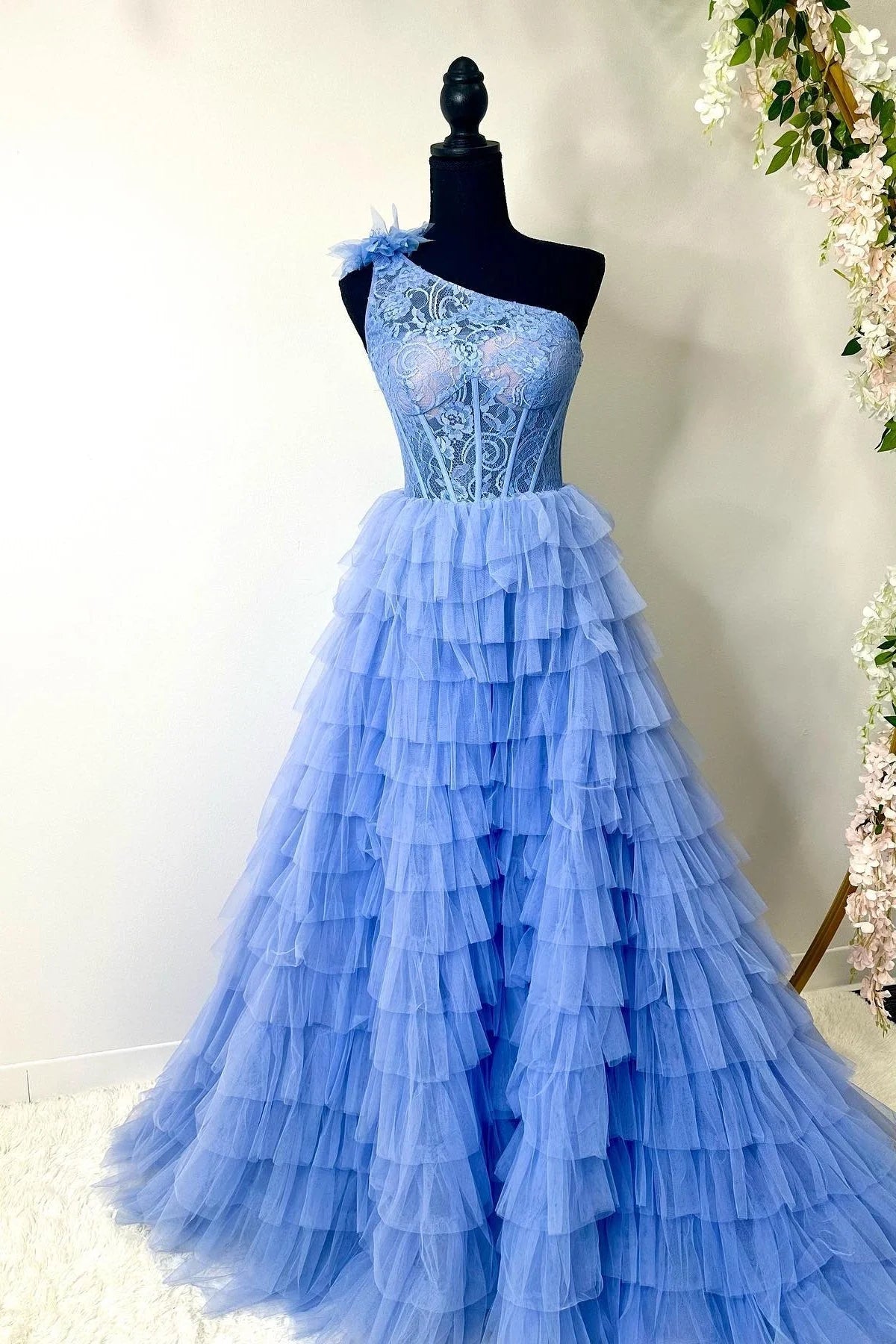 Plus Size Ball Gown Lace One Shoulder Multi-Tiered Prom Dress with Ruffles