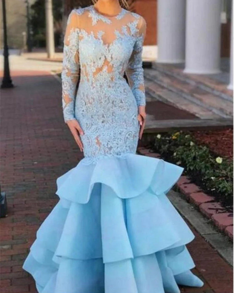 Pretty Long Sleeves Light Blue Long Mermaid Lace Prom Dresses Evening Dresses