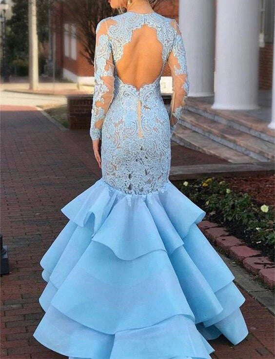 Pretty Long Sleeves Light Blue Long Mermaid Lace Prom Dresses Evening Dresses